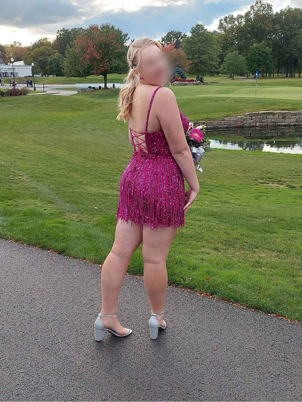 Amarra Fuchsia Sequin Fringe Mini Dress with Lace-Up Back